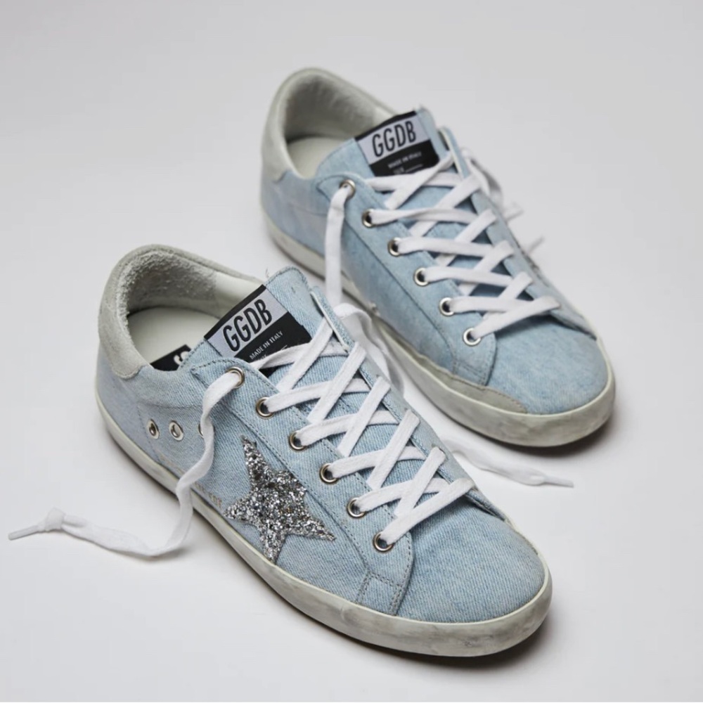 GOLDEN GOOSE LIGHT DENIM SNEAKERS WITH SILVER STAR